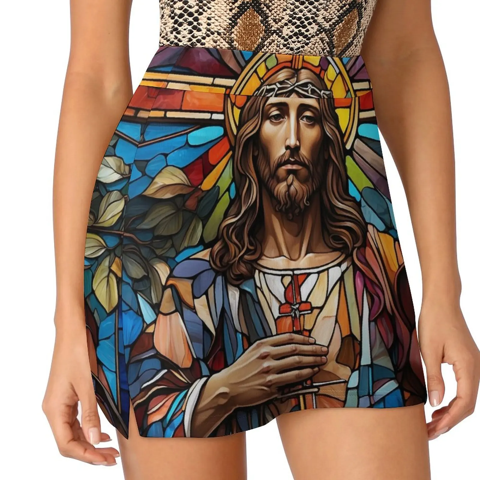 

Artwork of Jesus Stained Glass Crucifix Art Mini Skirt Skirt pants skirt women womans clothing Kawaii