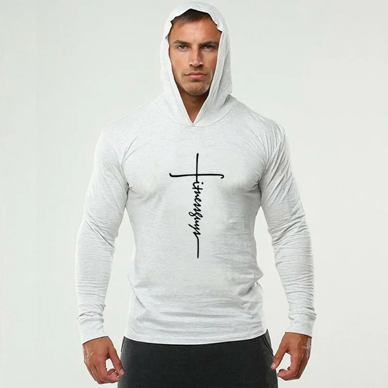

Spring and Autumn Running Long Sleeve Hooded Shirts Mens Fitness Muscle Sports Hoodies Gym Bodybuilding Slim Fit Cotton T-shirts
