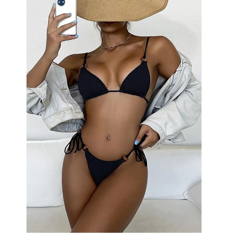 Sexy 2Pieces Push Up Bikini Set Women Swimsuit Beach Bathing Suit Tie-front Feminine Swimwear V-Neck Triangle Top Swimming Suit
