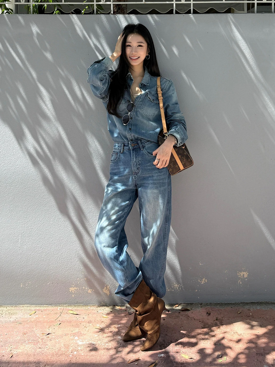 Loose Fit Denim Shirt And Wide Leg Pants Women's Fashion Set Casual Style High Waist Washed Effect Autumn Collection