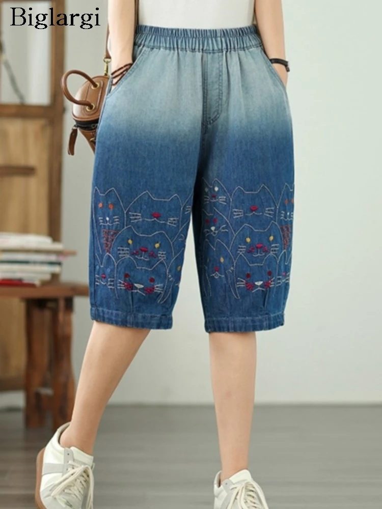 

Oversized Jeans Summer Knee Pants Women Cartoon Embroidery Fashion Retro Ladies Trousers Elastic High Waist Woman Knee Pants