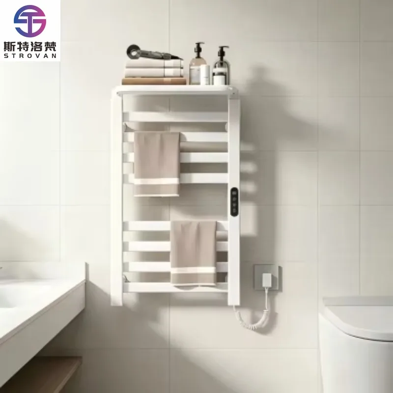Wall Mounted Electric Towel Warmer, White Heated Towel Rail with Shelf for Bathroom