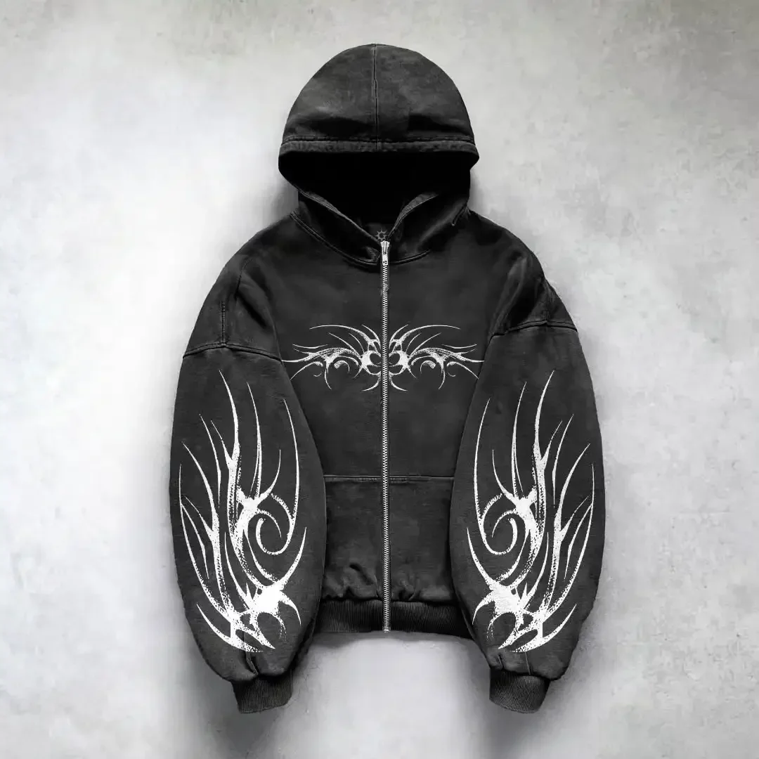 Hip-Hop-Herren-Reißverschluss-Hoodie Schwarz Grau 3D-Dunkelprint-Muster Y2k Gothic Harajuku Herbst Lockerer Modischer Persönlicher Street-Hoodie – Detail 2