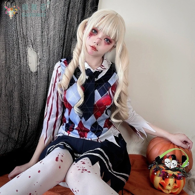 

Halloween Costume Adult Women Zombie Terrifying Ghost Doll Cosplay Costume Horrible Bloody Plaid Top Shirt with Mini Skirt Tie