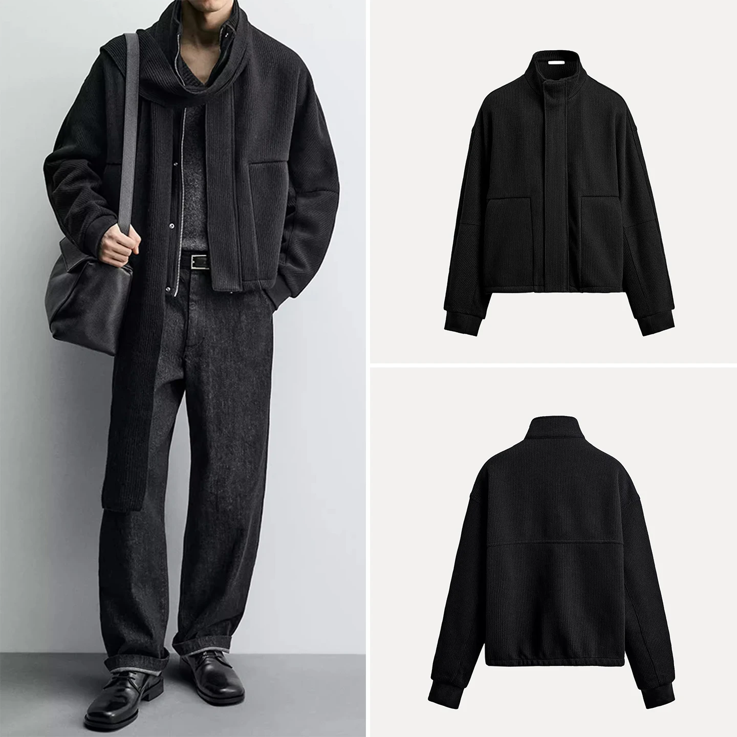 

2025 Winter New Men's Faion Daily Versatile Simple Ribbed Jaet Long Sve Outerwear Stand Fit Youth Other Material