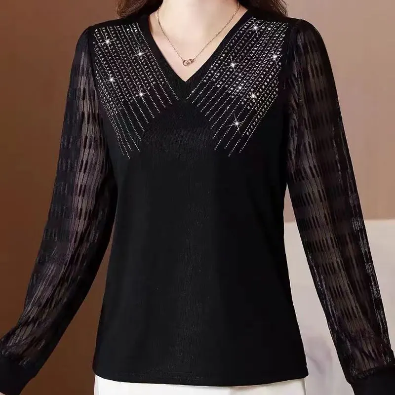 Camicia Casual tinta unita garza impiombata elegante scollo a v abbigliamento donna elegante diamanti primavera autunno camicetta coreana a maniche