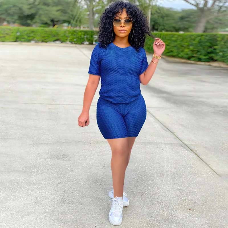 2024 New Summer Round-neck Solid Color Short-sleeved Two-piece Yoga Shorts Women's Sports Suit