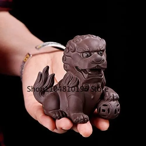 Handmade Foo Fu Dog Lion Yixing Zisha Purple Clay Animal Figurine Statue Tea Pet