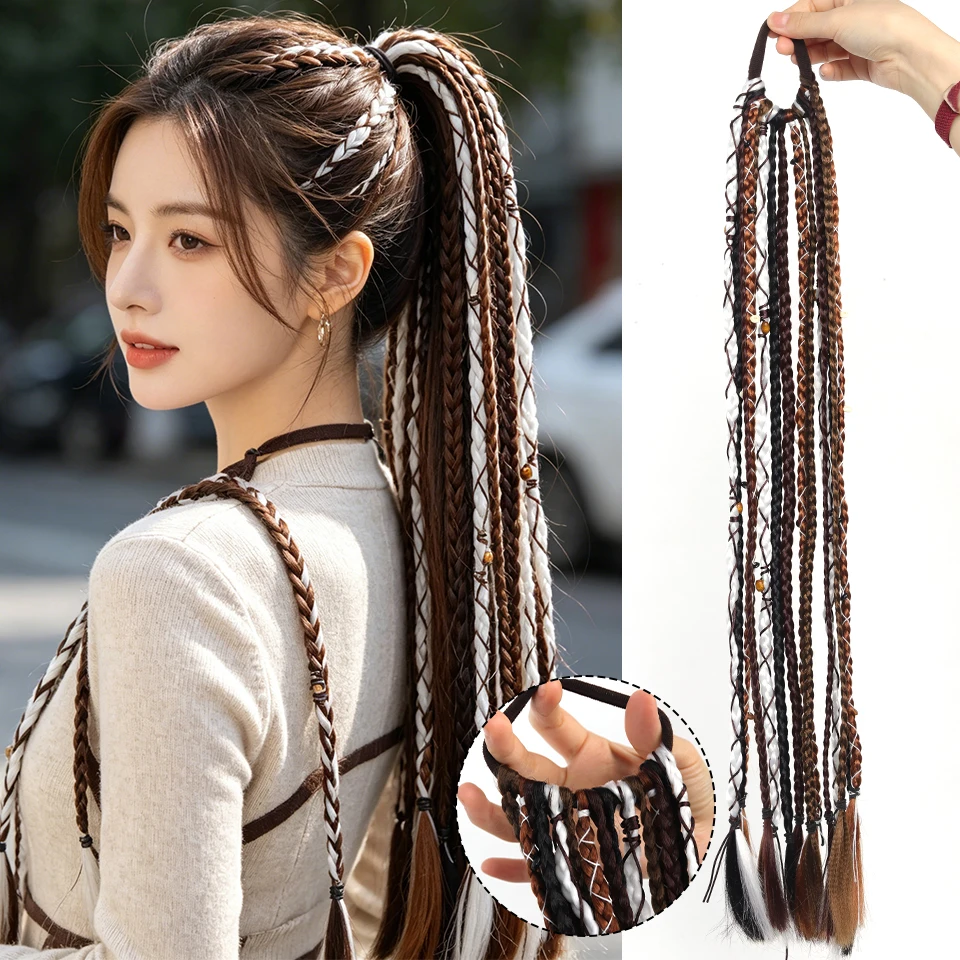 Bohemia Rubber band in Wig Extensions Handmade Synthetic Weaving Long Braid Fairy Wig For Women Daily Party Halloween Christmas