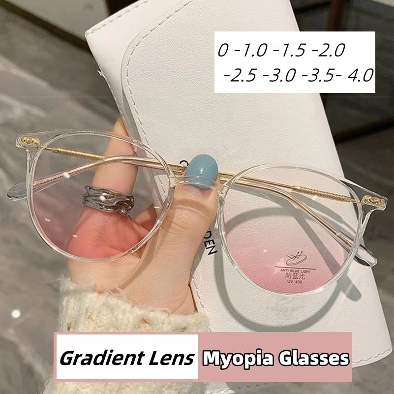 Fashion Gradient Pink Myopia Glasses Men Women Anti-Blue Ray Minus Diopter Eyeglasses Retro Round Frame Optical Eyewear To -4.0