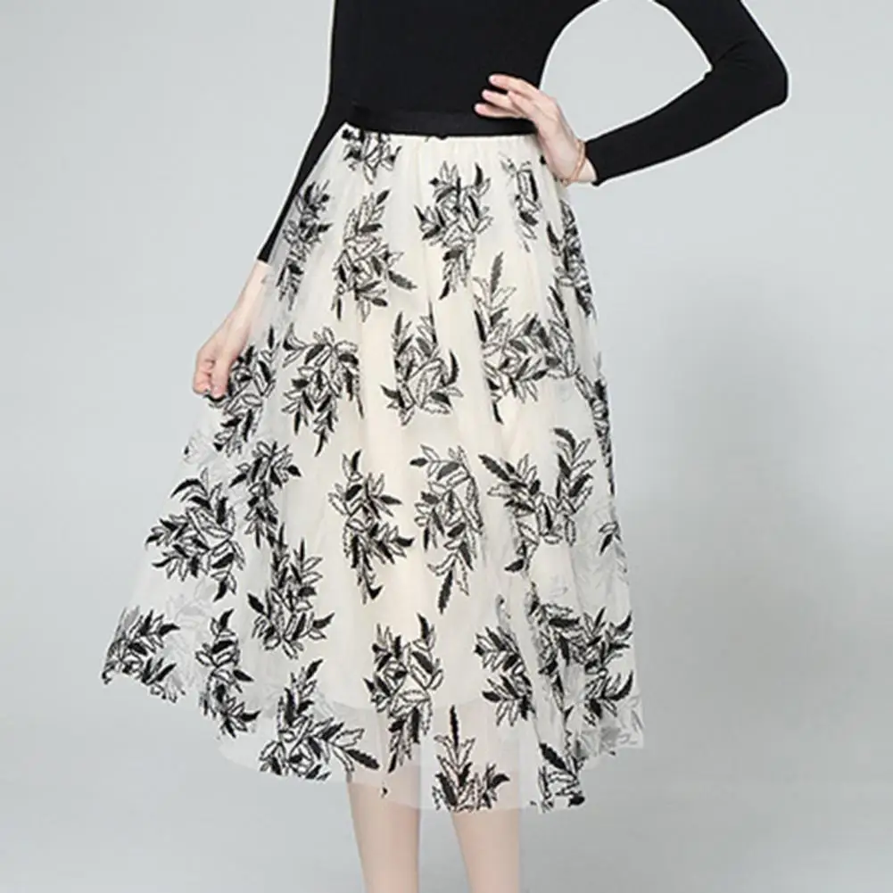 

Women Long skirt 3D Embroidered Leaf Print Double-Layered Mesh Tulle High Waist Elastic Waist Design A-Line 롱스커트