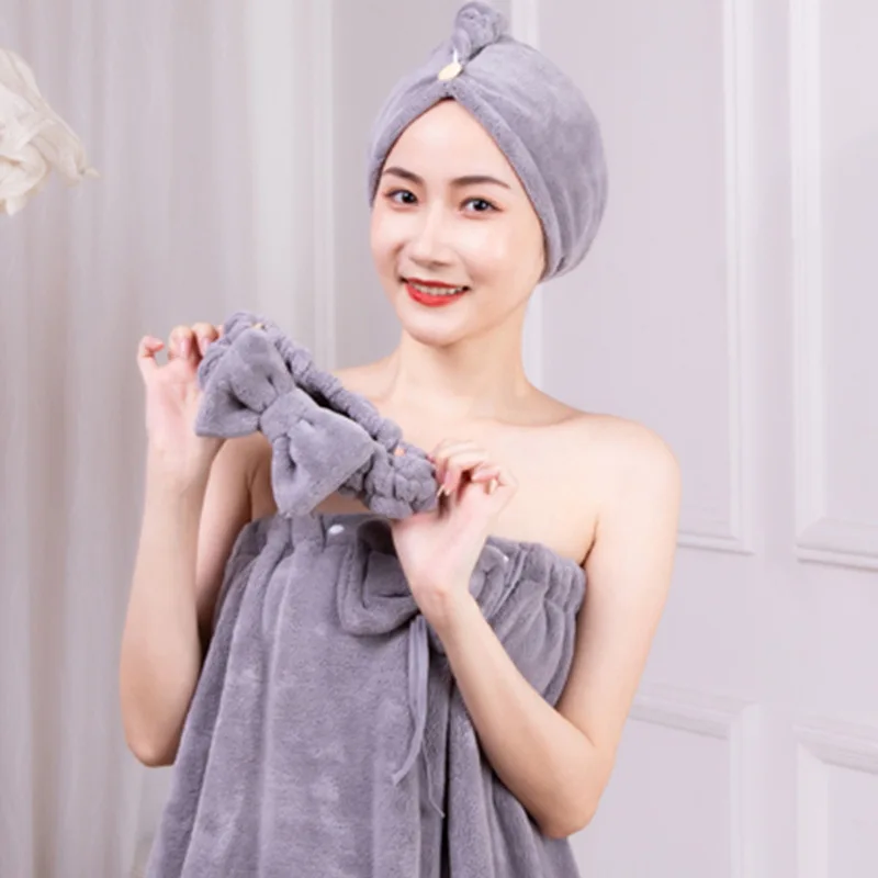 New Coral Fleece Bath Dress Hairband Gift Set Soft and Absorbent Without Shed Hair Bow Tube Top Bath Towel Dry Hair Cap