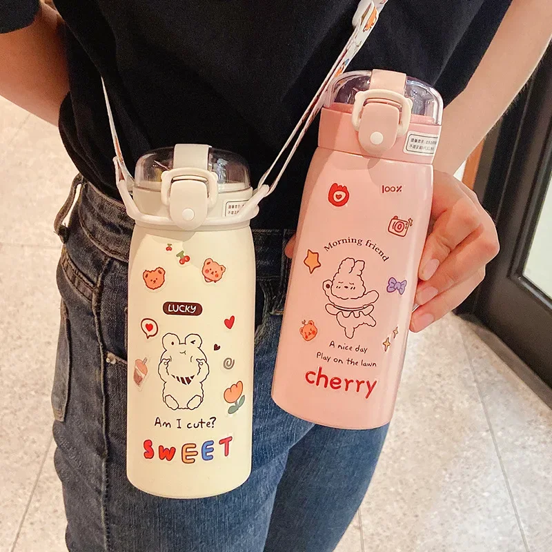 

Portable Kawaii Thermos Bottle Cute Water Bottle Thermos Cup with Straw and Stickers Kid Stainless Steel Thermal Mug 350ml/500ml