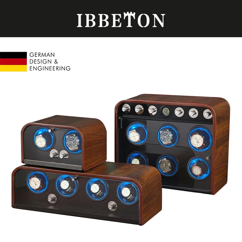 IBBETON Wooden Watch Winder Box 2 4 6 9 slot With LED Light Mute Energy-saving Super Quiet Motor Watch Meter Shaker