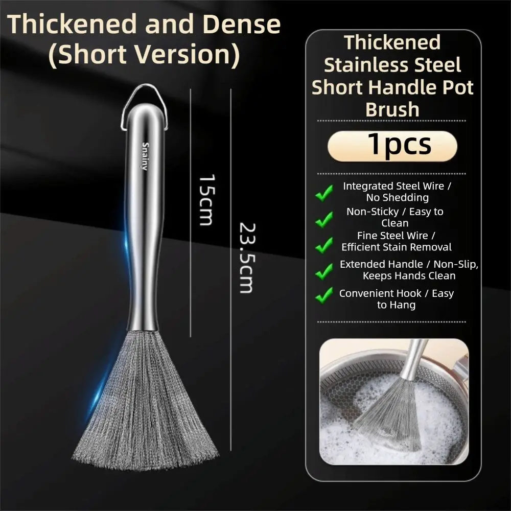Stainless Steel Kitchen Cleaning Brush Long Handle One-piece Molded Steel Wire Dish Washing Brush Anti-Rust Cookware Brush