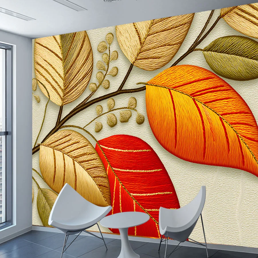 18+ Nature Textured Autumn Leaves Branch Embroidery Design, Peel Stick Optional, Wallpaper for Living Room Wall Home Decor Mural