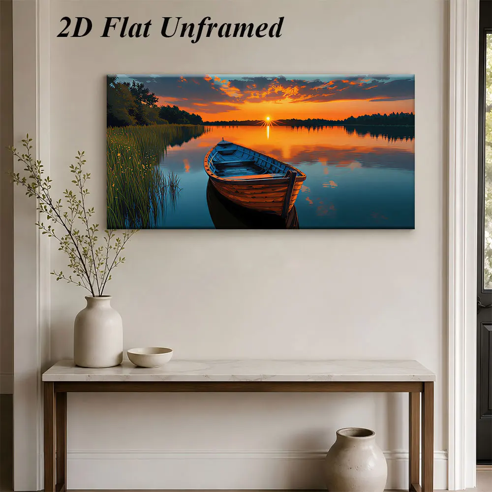 (1PC Unframe)1 peaceful lake boat sunset scenery frameless decorative painting modern minimalist wall painting 2D plan