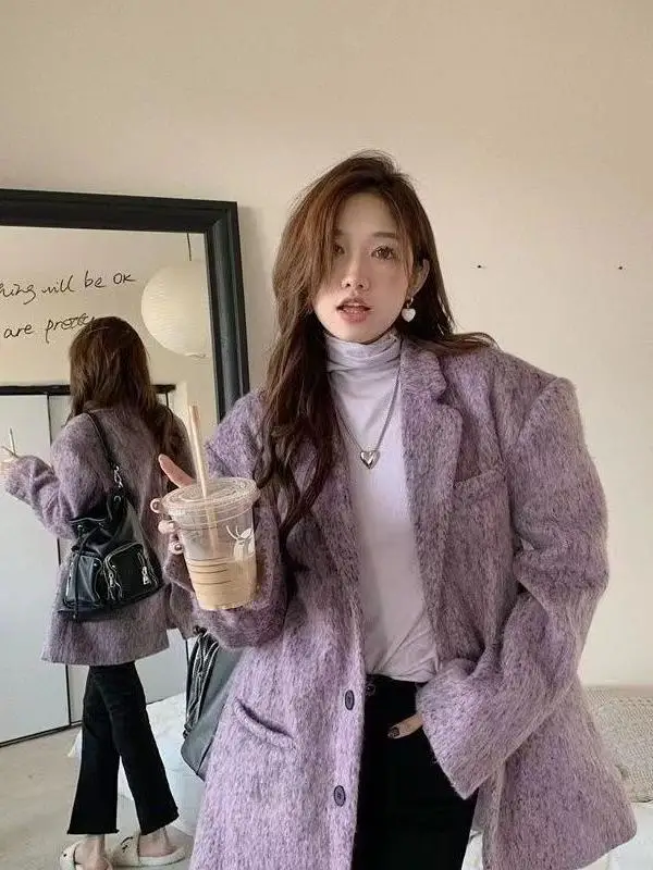 Purple Thickened Medium Length Woolen Suit Jacket Women's Autumn New Style Small Size High End Feeling Atmosphere Outerwear