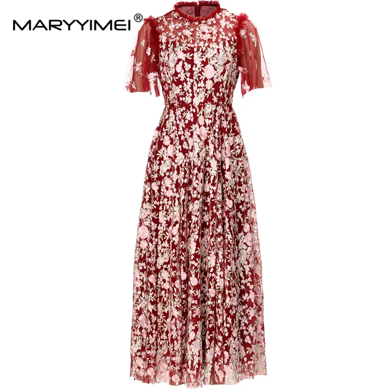 

MARYYIMEI Fashion Designer Spring/Summer Dress Women's Applique Embroidery Ruffle Round Collar Short Sleeve Slim Long Dresses