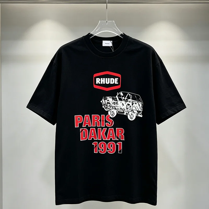 RHUDE Graphic Print Short Sleeve T Shirt Offroad Vehicle Letter Logo Streetwear Tee