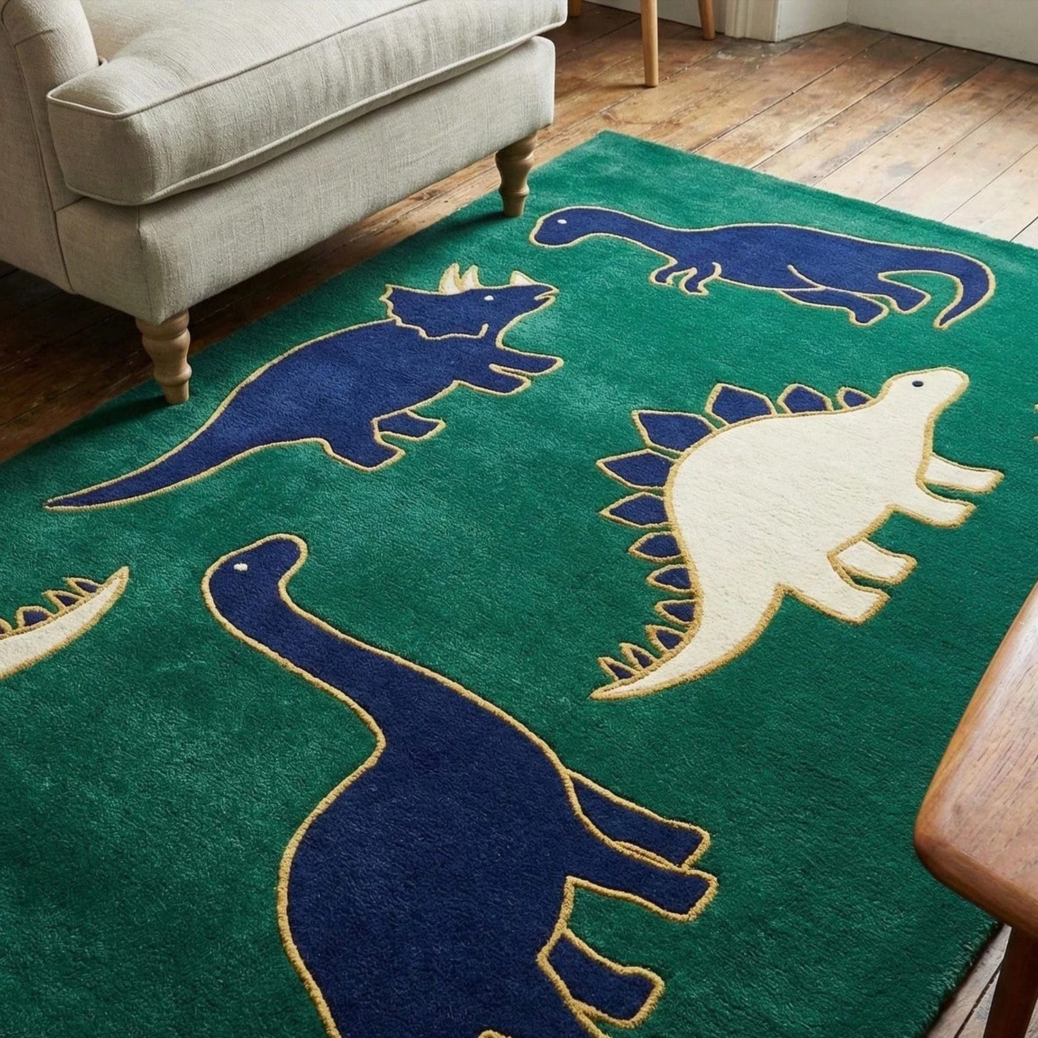 Green Dinosaur Pattern Tufted Wool Carpet, Blue Cream Animal Print Room Carpet.