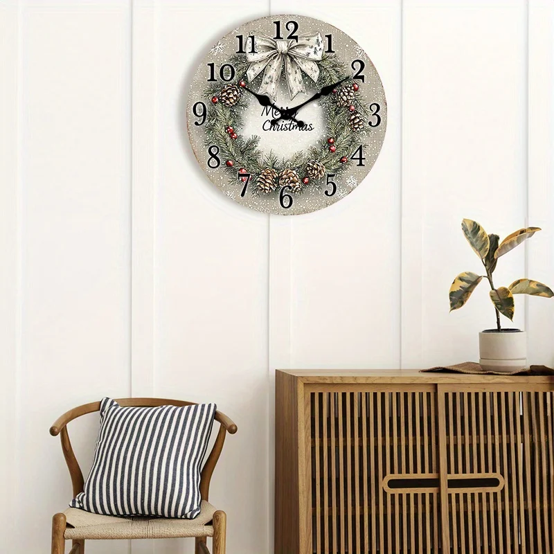 1pc Silent Non-Ticking Wall Clock Christmas Wreath Design with Pine, Red Berries Bow Elegant Holiday Decor for Living Room