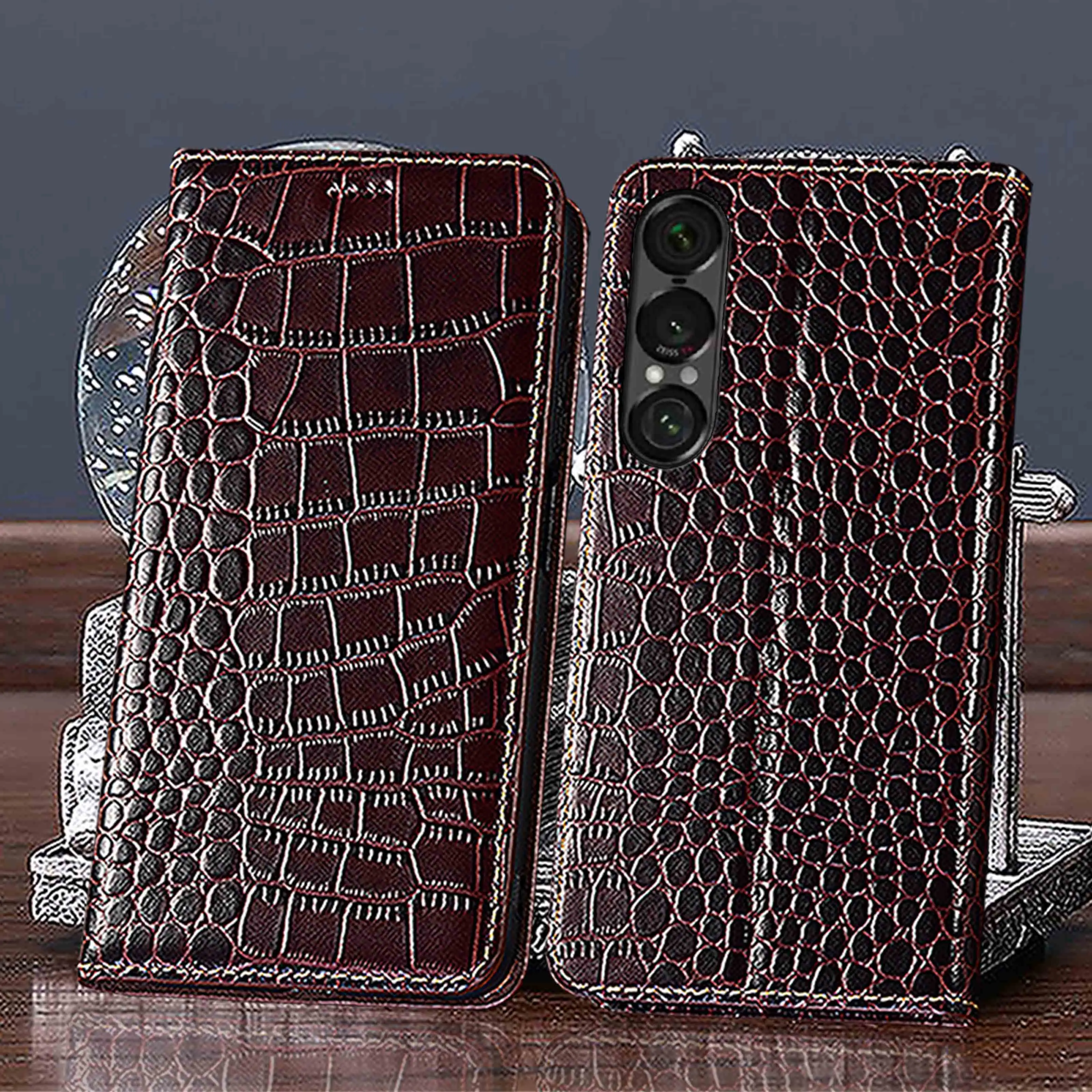

Genuine Leather Phone Case For Sony Xperia 1 5 10 II III IV V VI VII Crocodile Pattern Of Wallet Flip Cover Case Scratch-Proof