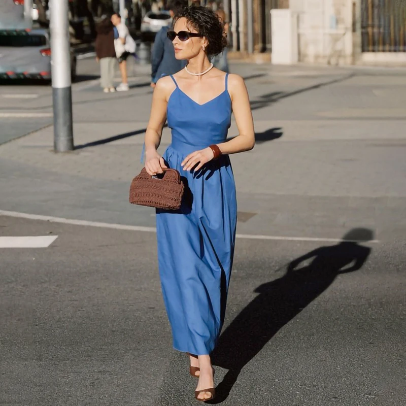 Typhaland Casual Spaghetti Strap Maxi Dress Women's V Neck Backless Lace Up Fashion Dress Vacation Elegant Sexy Dress High Waist