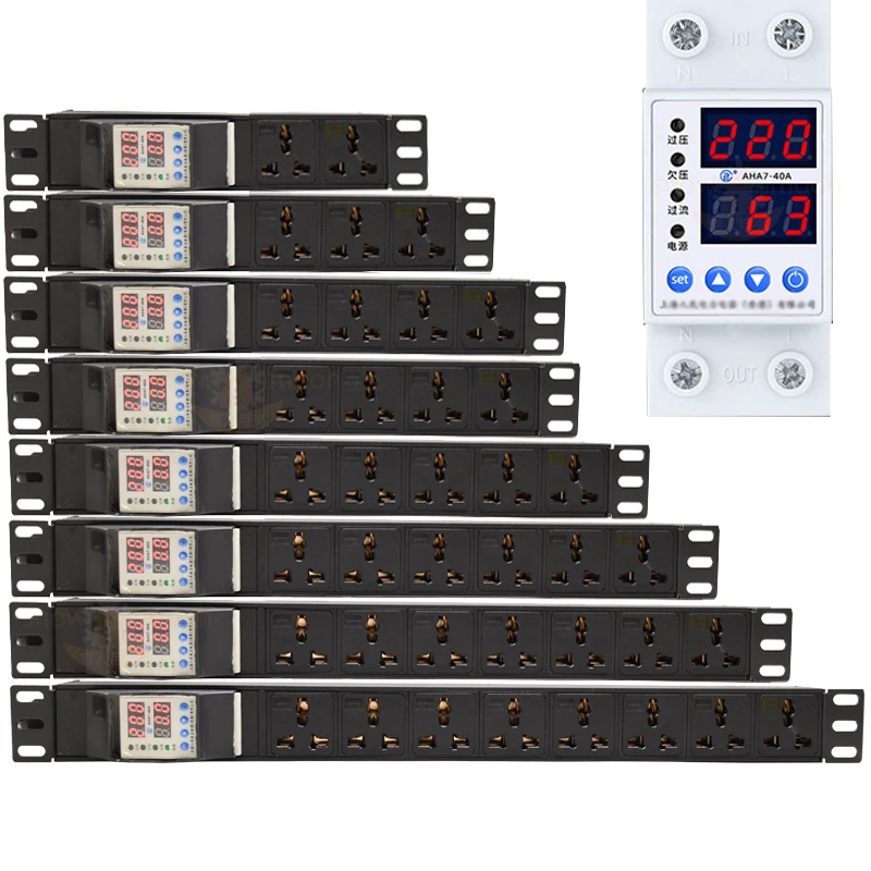 Cabinet Rack PDU Power Strip with Adjustable Overvoltage and undervoltage protector 2-8 Ways Universal Outlets 2meter Cord