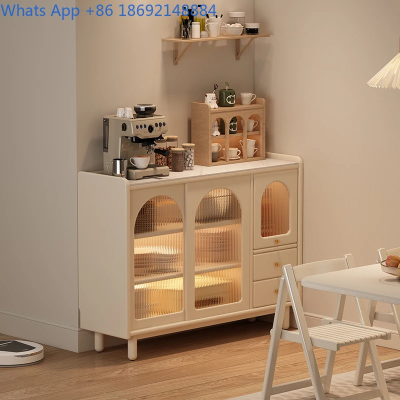 French Style Creamy Marble Dining Side Cabinet 40cm Large Capacity Solid Wood Storage for Living Room Wall Mounted