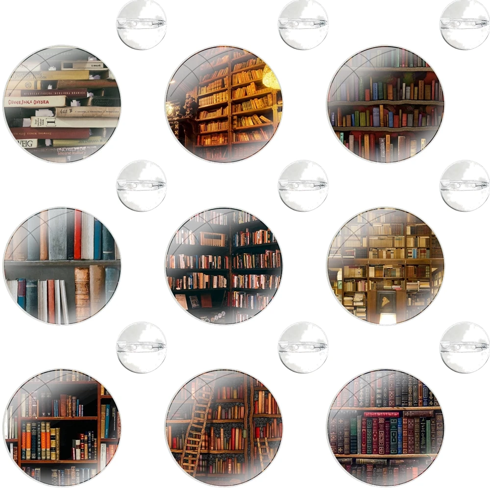 Glass Dome Brooches Shirt Lapel Bag Cute Badge Pins For Clothes Hat Accessories Colorful Book Library book shelf