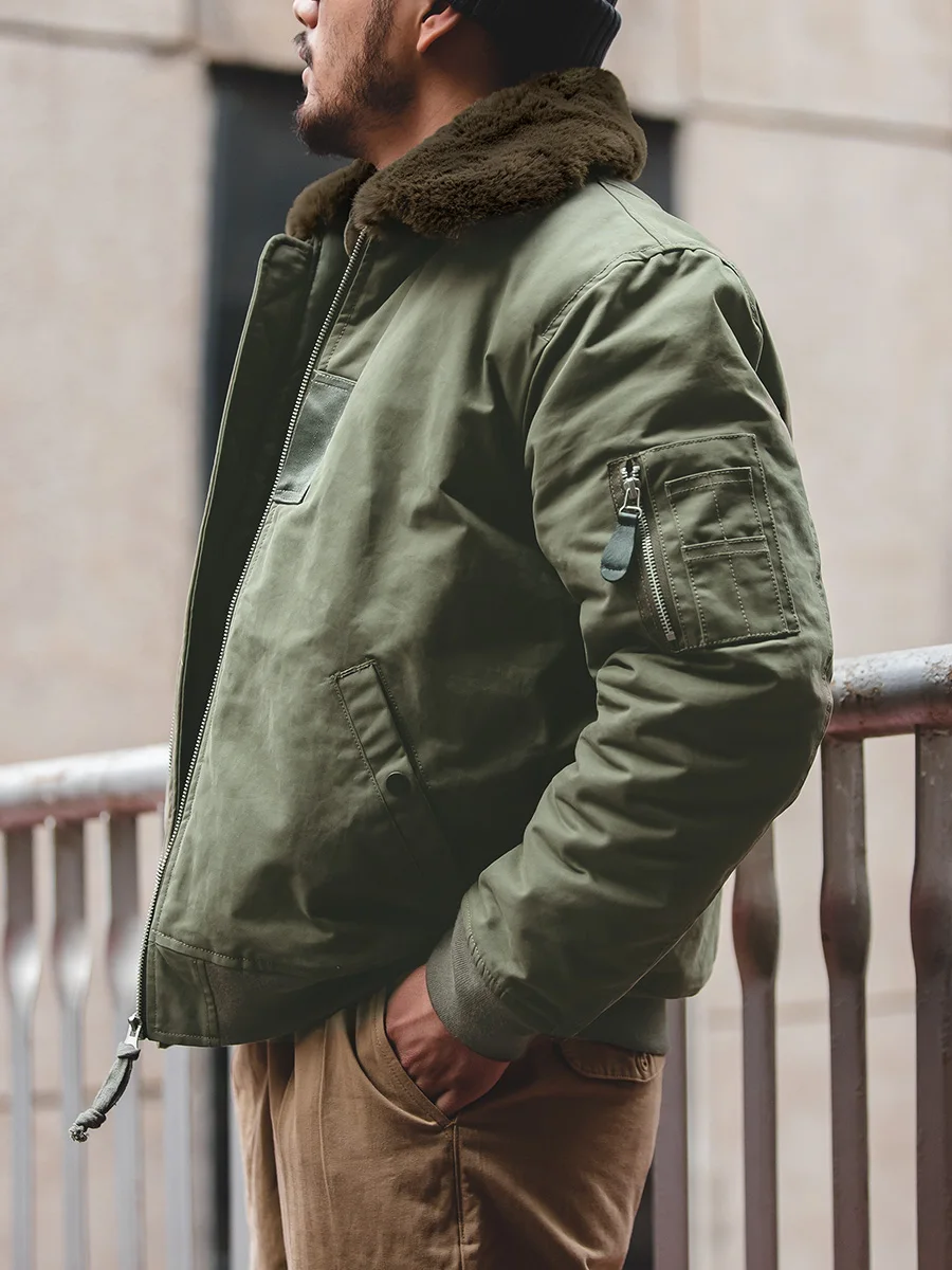

Maden Thiened Cotton Pilot Jaet Men's Winter Bomber Coat with Stand Collar And Fur Trim American Workwear Sle