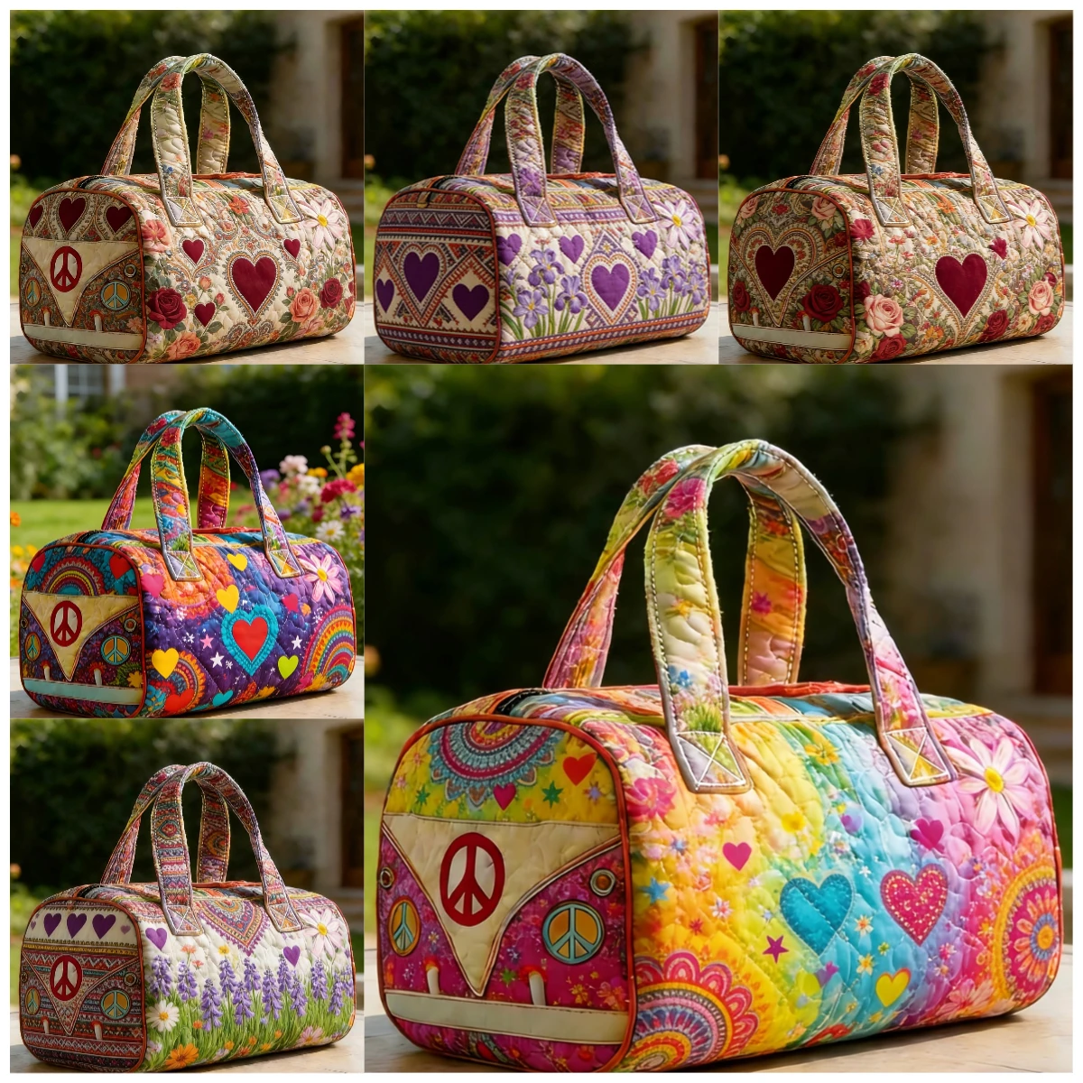 

Men's Quilted Duffle Bag Rainbow Heart Retro Peace Print Floral Hippie Travel Tote Handbag Women's Weekender Bag