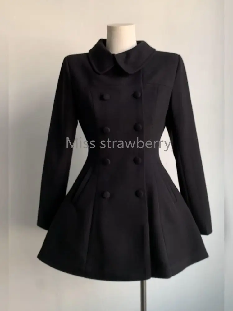 Winter Women's Hepburn Korean Style Fashion Slim Black Woolen Cloth Coat Design Vintage Elegant Gothic Sweet Overcoat Clothes