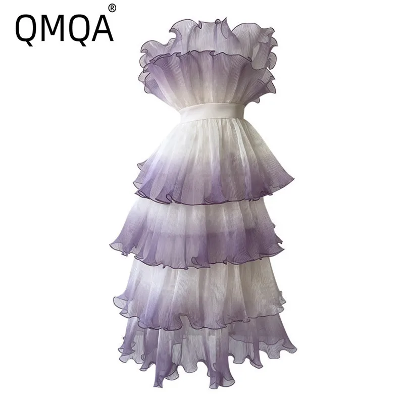 QMQA Fashion Women's Gradient Purple Strapless Dress Spliced Color Matching Pleated Cake Dresses 2025 New Elegant Clothing QM14