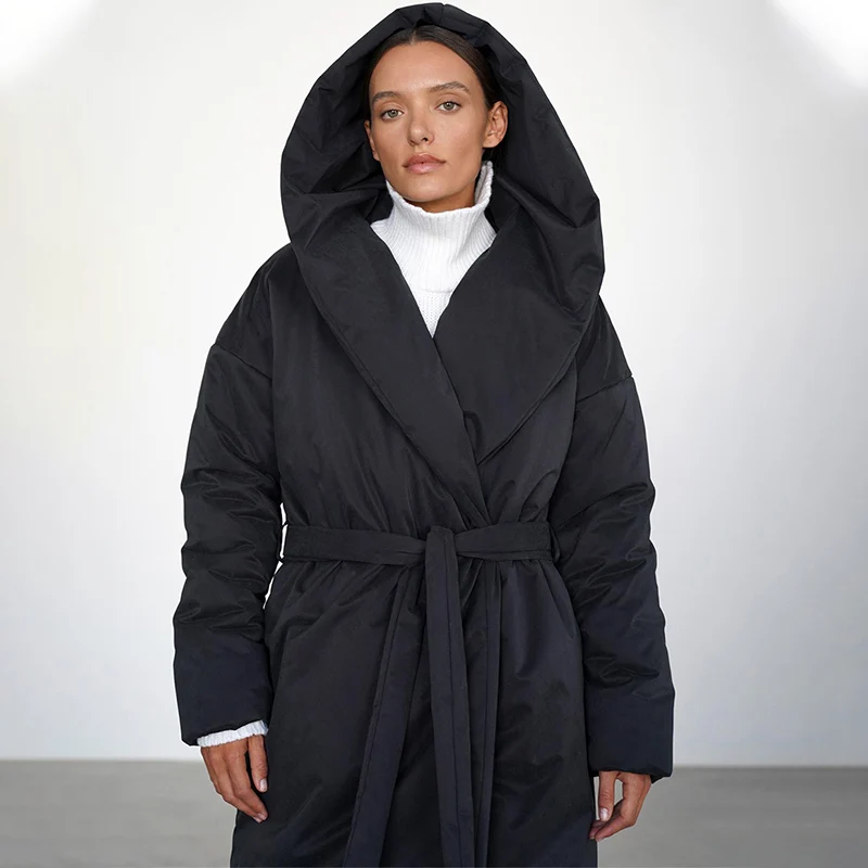 TARUXY Fashion Long Hooded Cotton Jacket Women's Casual Solid High Street Belt Pocket Warm Cotton Down Coat Winter Commuter Coat