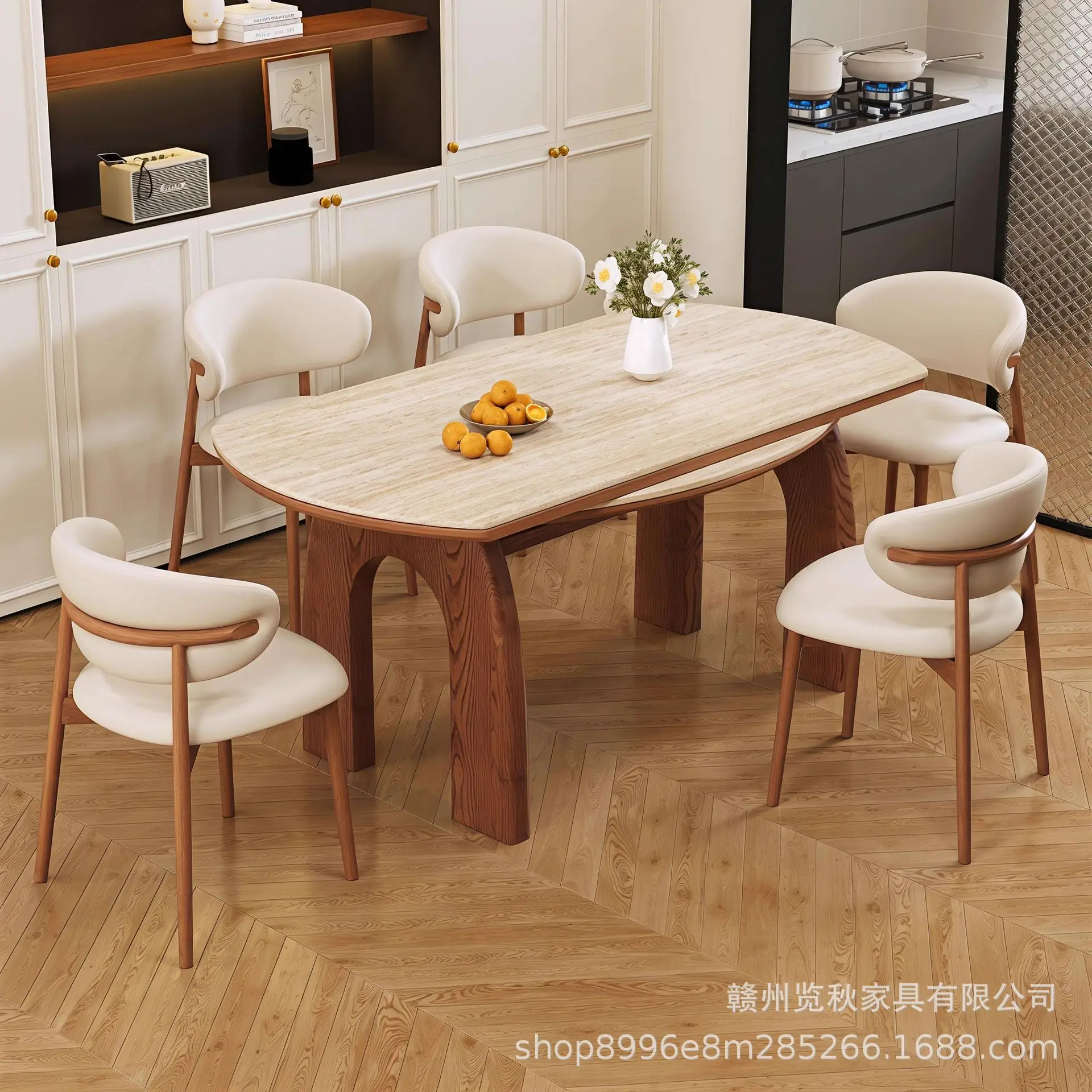 Travertine stone solid wood folding dining table chairs can be extended, turning into round tables, small apartments, and home d
