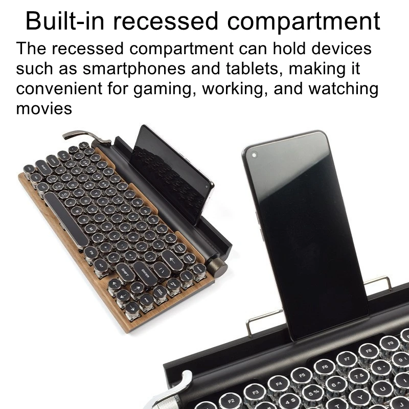 Retro Punk Typewriter-Style Blue Switch Bluetooth Dual-Mode Mechanical Keyboard with Customizable Hot-Swappable Blue Switches