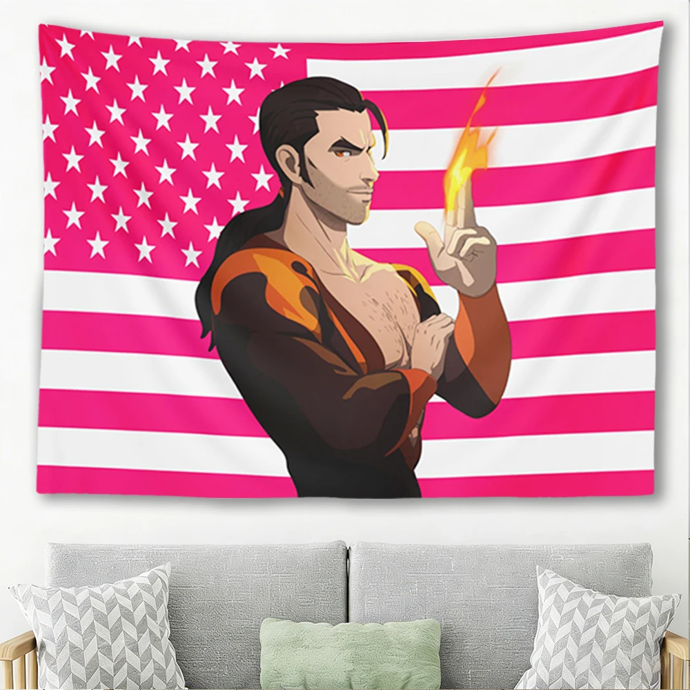 F-Flambae   Pink American Flag Tapestry Fire Power Anime Wall Hanging Bedroom Dorm Aesthetic Fan Gift