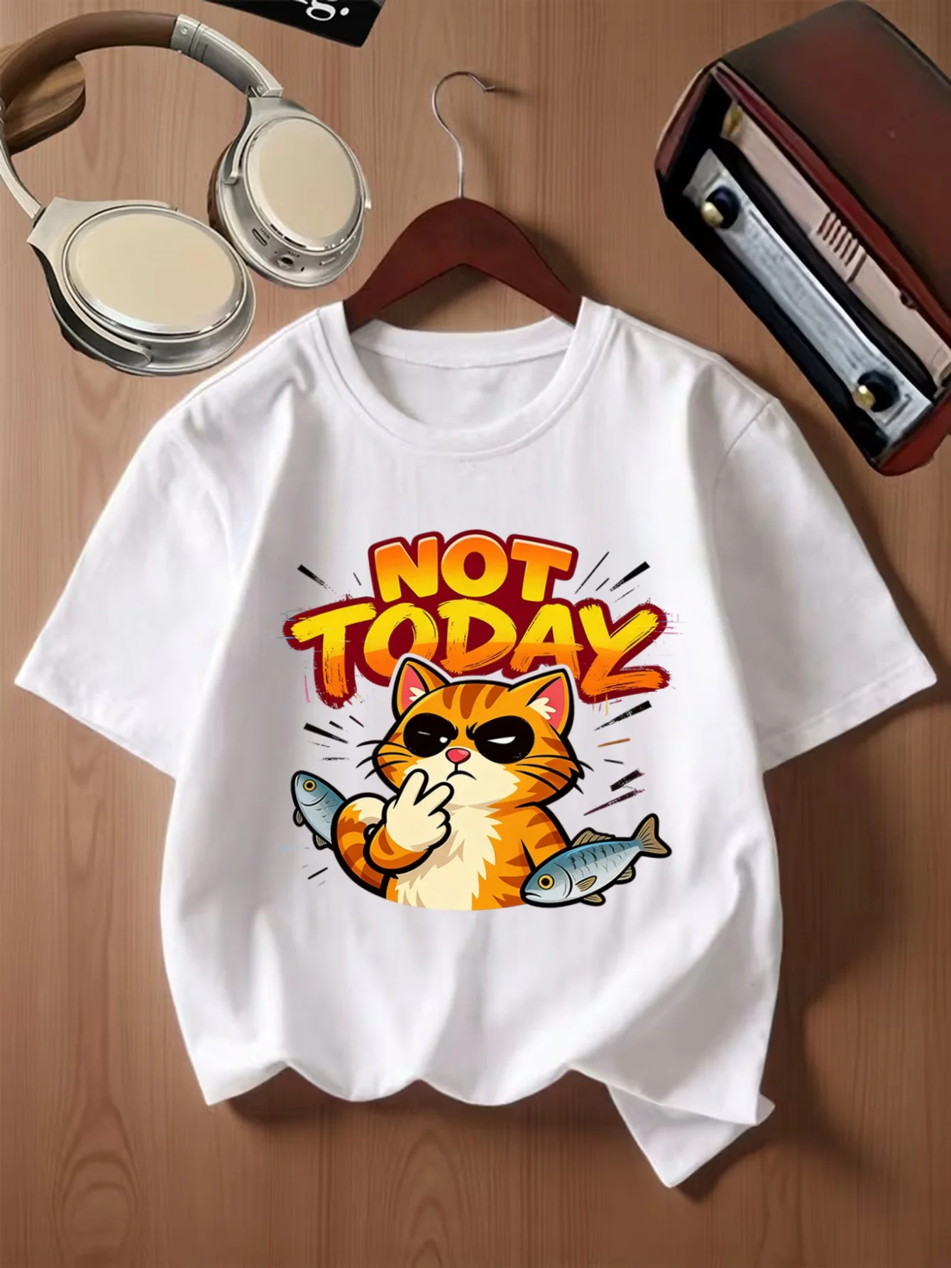 Cool Ginger Cat With Fish Not Today Funny Slogan Print Kids T Shirt Boys Girls Family Matching Summer Crew Neck Casual Tee