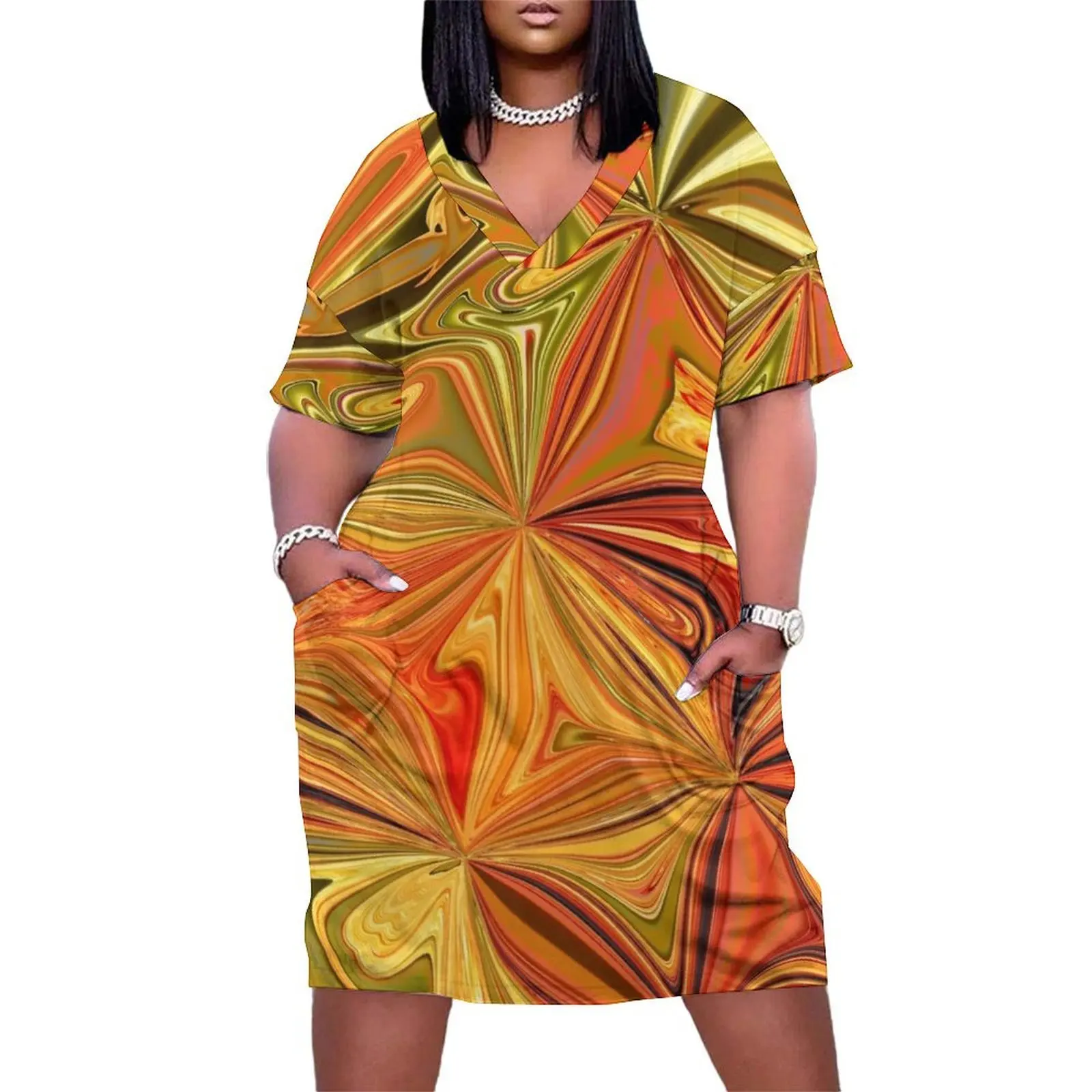 

Retro brown and yellow pattern Loose Pocket Dress cute dress Women's evening dress ladies dresses for women 2025