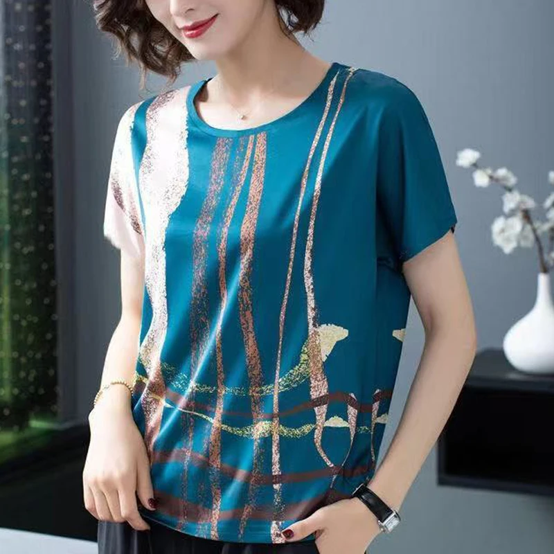 2023 Summer Fashion Printed Round Neck Short Sleeve Loose Tee T Shirt for Women Casual Ice Silk Comfortable Ladies Tops Clothing