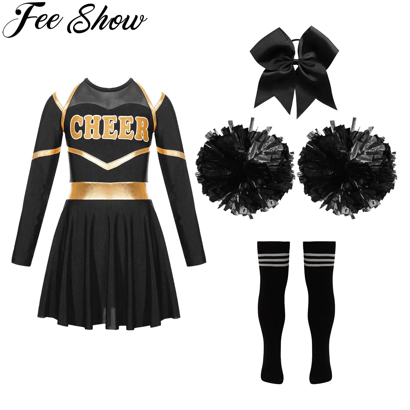 Kids Girls Halloween Cheerleading Costume Carnival Party Cheerleader Uniform Dance Stage Performance Cheer Dress with Pom Poms