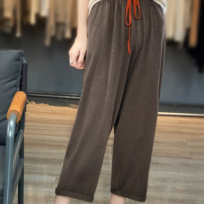 

ATTYYWS Hot selling women's imitation wool wide leg pants casual loose knit summer thin women's wool nine point wide leg pants