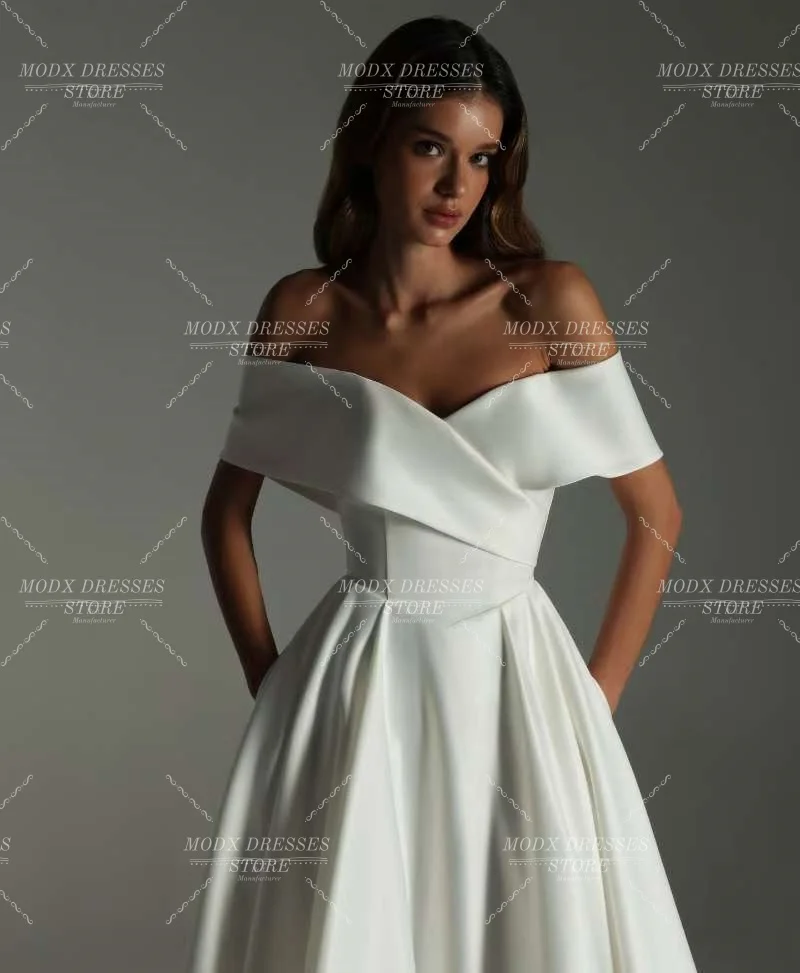 MODX 2026 Elegancka satynowa suknia ślubna w kształcie litery A, z odkrytymi ramionami, do ziemi, szyta na miarę, Vestidos Novias Boda dla kobiet