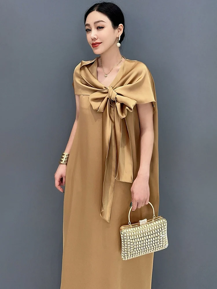 SHENGPALAE 2024 Summer New Silk Dress For Women Lace Up Collar Fake Two Piece Elegant Fashion Large Swing Long Dresses 5C1263