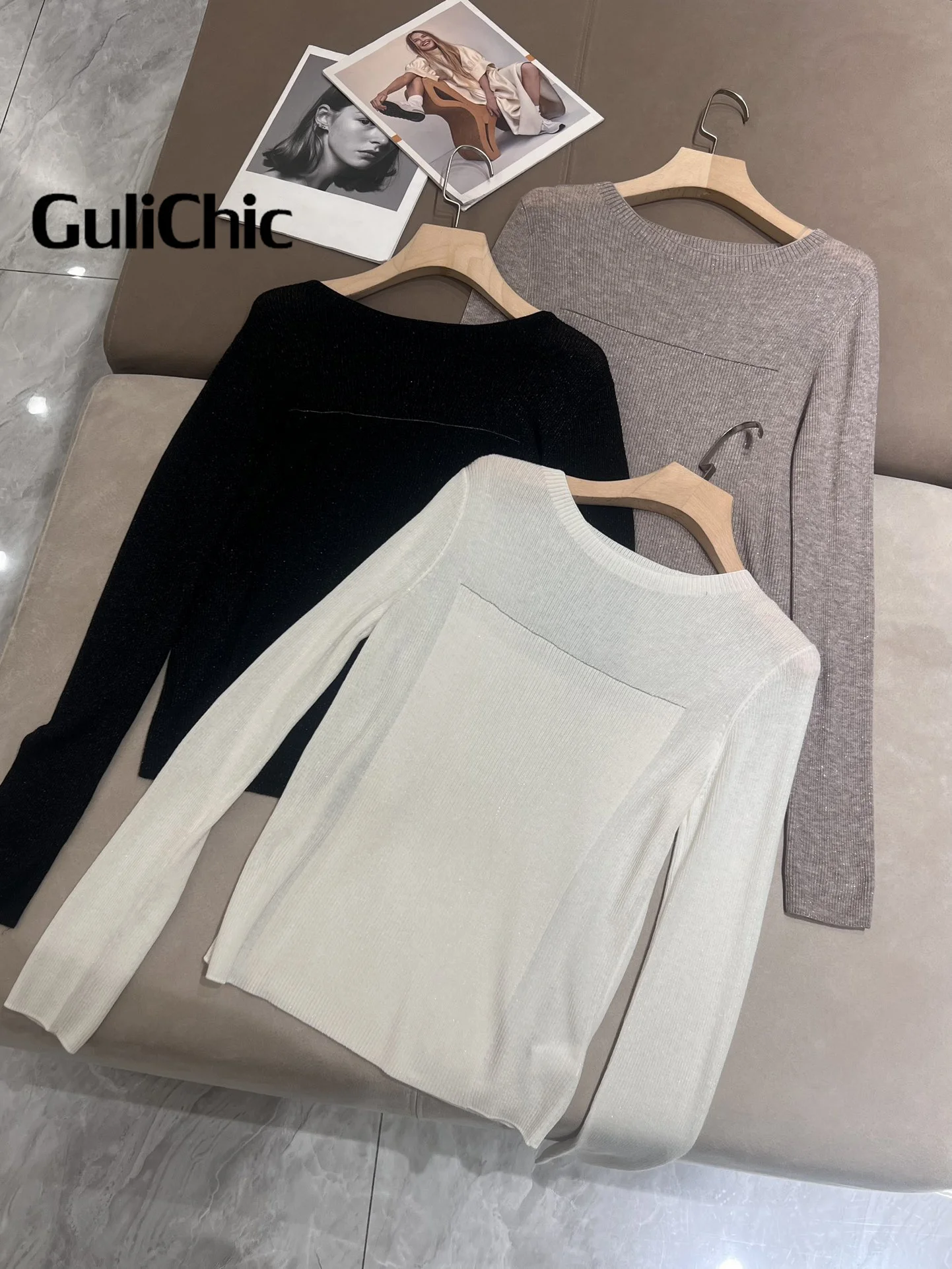 GuliChic-Pull Triblockchain à Perles Scintillantes pour Femme, Pullover Ultra-fin, Manches sulf, Base Décontractée, Tempérament Pit, JOY, 11.25