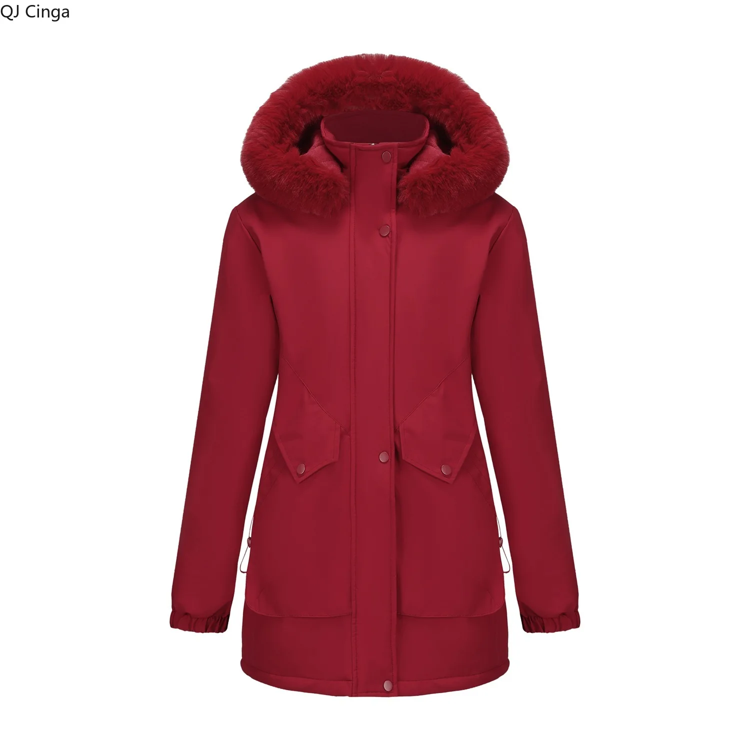 ใหม่ฤดูหนาวสีชมพูผู้หญิงเสื้อแจ็คเก็ตหนาความยาวกลาง,เสื้อแจ็คเก็ตคลุมด้วยผ้าสีแดง,ฮู้ดที่ถอดออกได้,สีเขียว,สีดำ,สีเทา,เสื้อคลุมสีกากี