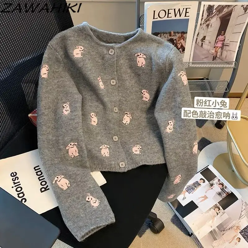 

ZAWAHIKI Cropped Cardigan Gray Cartoon Rabbit Embroidery Knitted Breasted Spring Fall New Arrive Sweet Long Sleeve Sweater Women