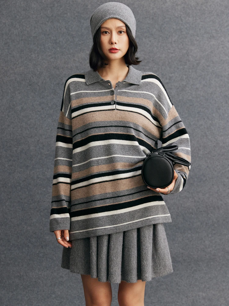 

TLOML Women 100% Cashmere Sweater Suit Striped Polo Collar Pullover Cashmere Knitted Pleated Mini Skirt Autumn Winter Chic Suit